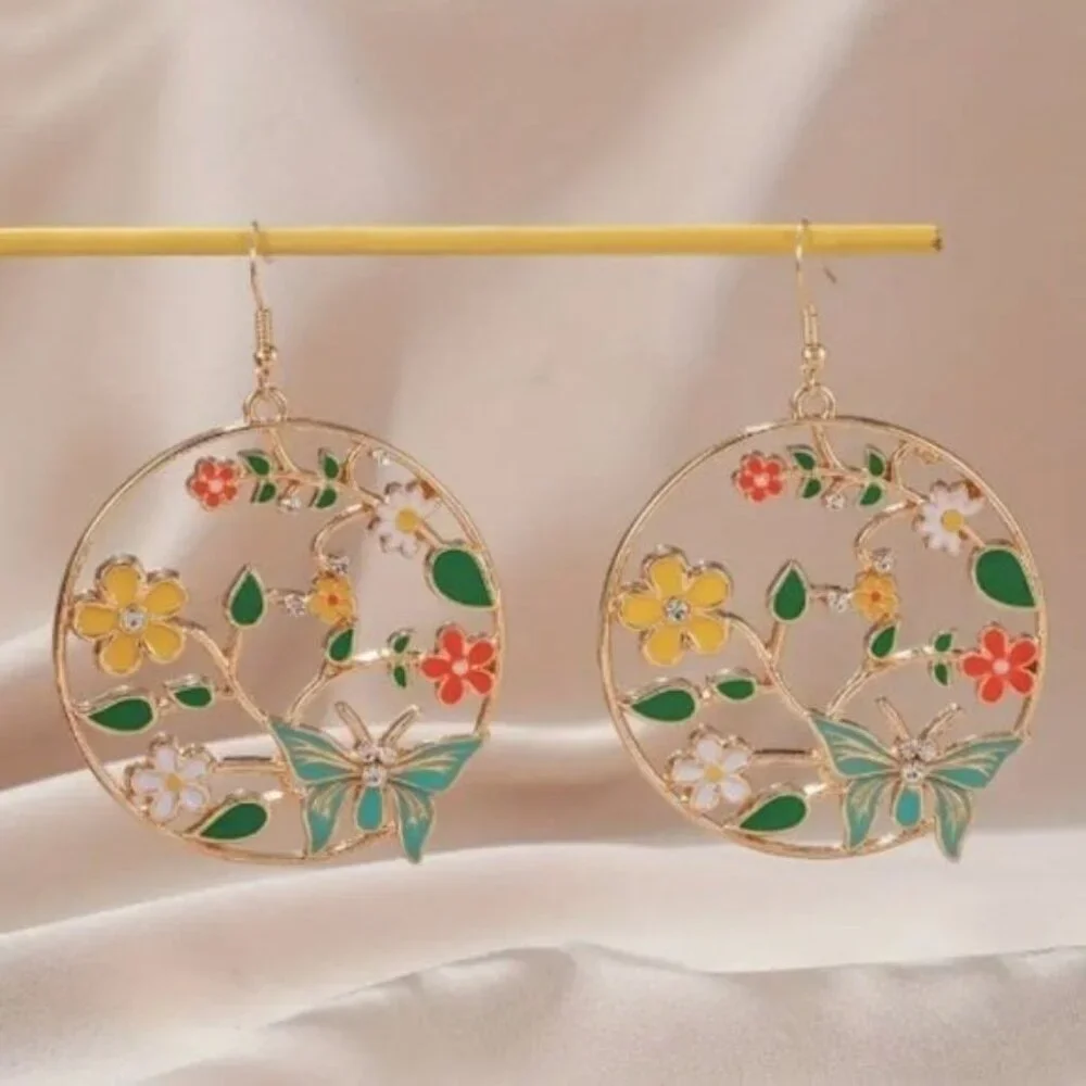 24k Gold Plated Flower Butterfly Water Drop Hoop Earrings